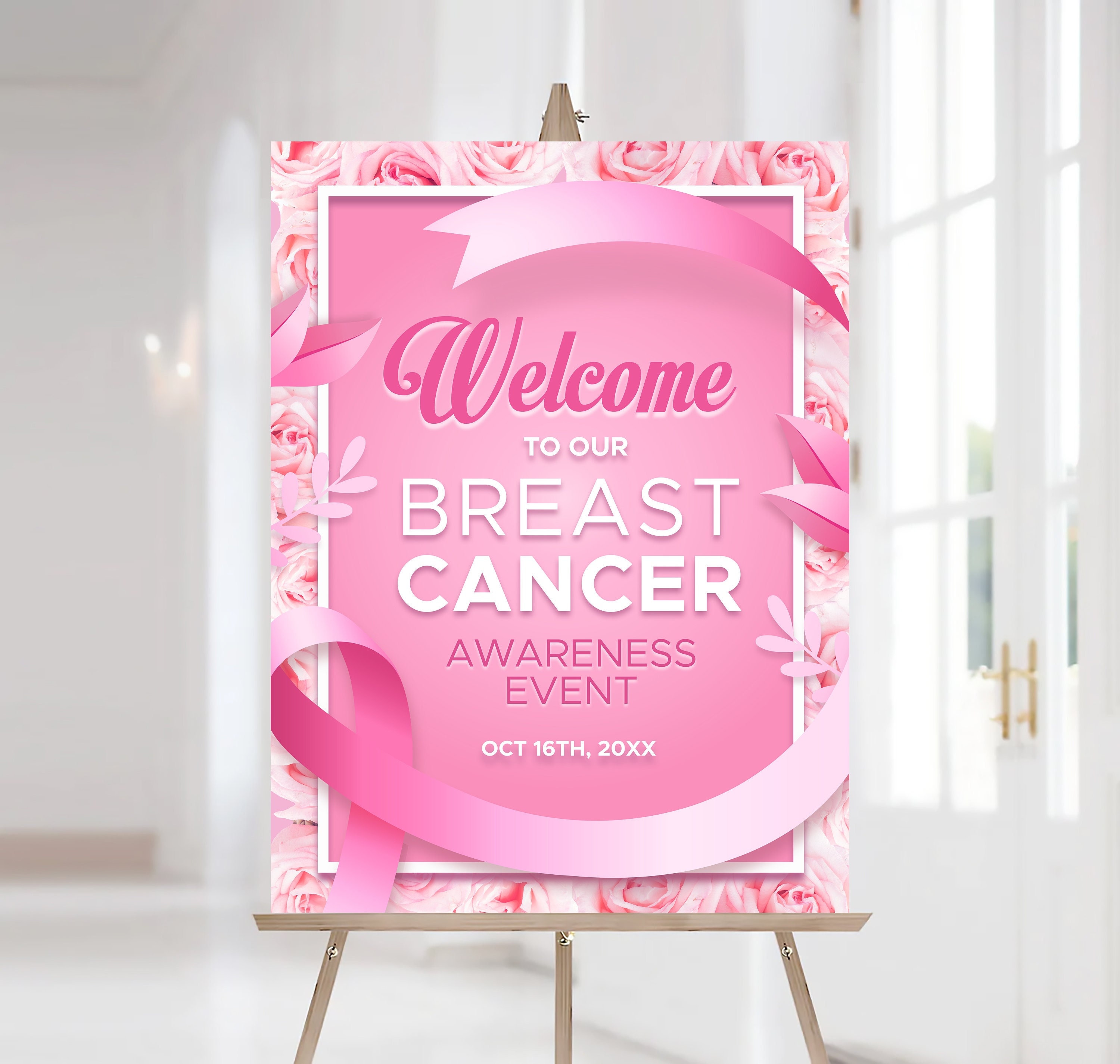Breast Cancer Awareness Welcome Sign Printable Pink Ribbon Poster Community Medical Event Sign Charity Fundraising Sign Digital File