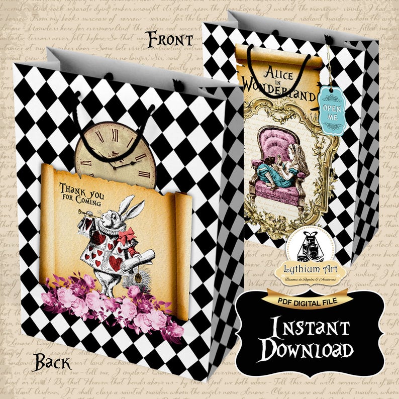 ALICE IN WONDERLAND Printable Bag, Wonderland Party Favors, Alice in Wonderland Party Decorations, Black White Checkered Party Bag imagen 3