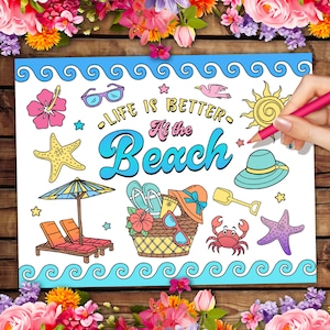 Puede incluir: Ilustración colorida con el texto "Life is Better at the Beach". La imagen presenta elementos temáticos de playa como un sol, estrellas de mar, gafas de sol, un sombrero de playa y una cesta con accesorios de playa.