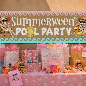 May include: A rectangular banner with the text Summerween POOL PARTY, featuring illustrations of skeletons in beach attire, surrounded by gift bags, wrapped presents, small skeleton figurines, a pink ghost-patterned tablecloth, and balloons.