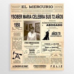 May include: A vintage newspaper-style birthday card with a black and white photo of a woman and text that reads "Ysober Maria Celebrates her 72nd Birthday". The card features a vintage newspaper design with headlines about the year 1950, a list of famous people born that year, and a section about the woman's family.