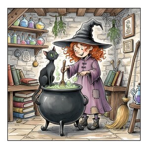 Puede incluir: Ilustración de una joven bruja removiendo una poción verde en un caldero negro. Viste un vestido morado, botas negras y un sombrero negro alto. Un gato negro está sentado cerca. La escena está ambientada en una habitación rústica con estantes de pociones y libros.