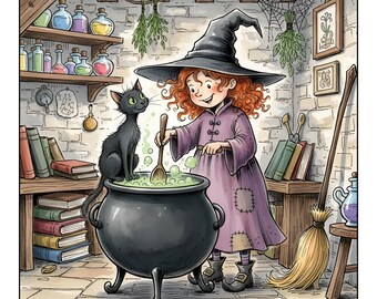 Piccola strega e gatto nero PNG, pacchetto di arte digitale autunnale di Halloween per progetti creativi