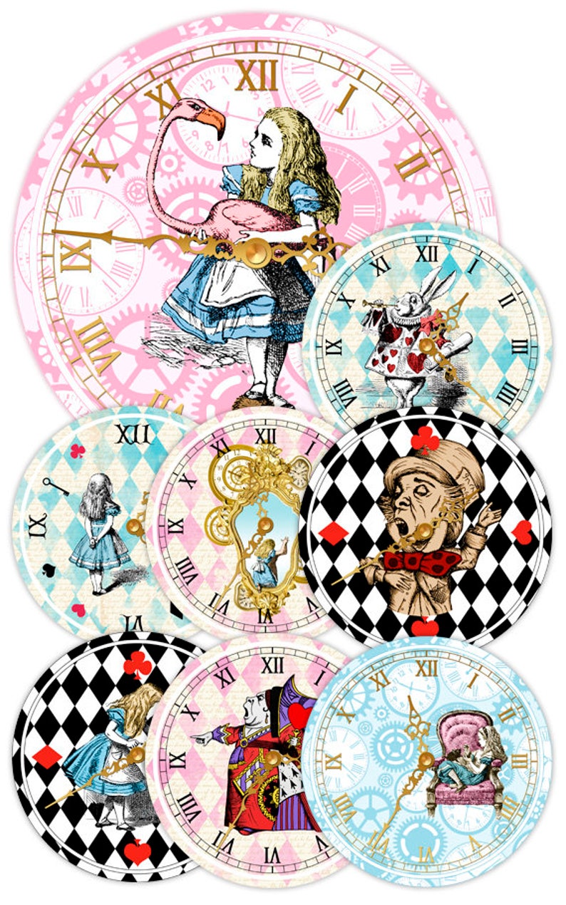 ALICE IN WONDERLAND Clocks, Printable Clock, Vintage Alice, Alice in Wonderland Party, Alice in Wonderland Decorations, Birthday Party Decor image 1