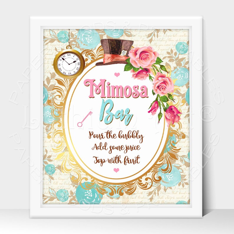 May include: A white framed sign with a gold and blue floral design. The sign says "Mimosa Bar" in pink and blue lettering. The text below says "Pour the bubbly, Add some juice, Top with fruit".