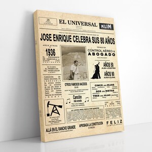 K&ouml;nnte beinhalten: Ein Vintage-Zeitungsartikel, der den 80. Geburtstag eines Mannes feiert. Die Schlagzeile lautet "Jose Enrique feiert seinen 80. Geburtstag". Der Artikel enth&auml;lt Details &uuml;ber sein Leben, darunter seine Karriere als Fluglotse und Anwalt, und erw&auml;hnt seine Familie, darunter f&uuml;nf Kinder, zwei Enkelinnen und drei Schwiegert&ouml;chter. Der Artikel enth&auml;lt auch ein Foto des Mannes in seinen j&uuml;ngeren Jahren.