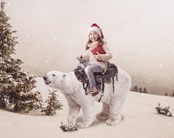 Christmas Custom Portrait from Photo, Digital Christmas Scene Photo Gift, Photo Editing Service, Polar Bear Card, Christmas Postcard