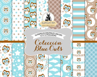 Owls Digital Paper, Blue Owls Paper, Cute Owls, Printable Paper, Instant Download, Baby Shower Decorations, Owls Printable, Scrapbook Paper