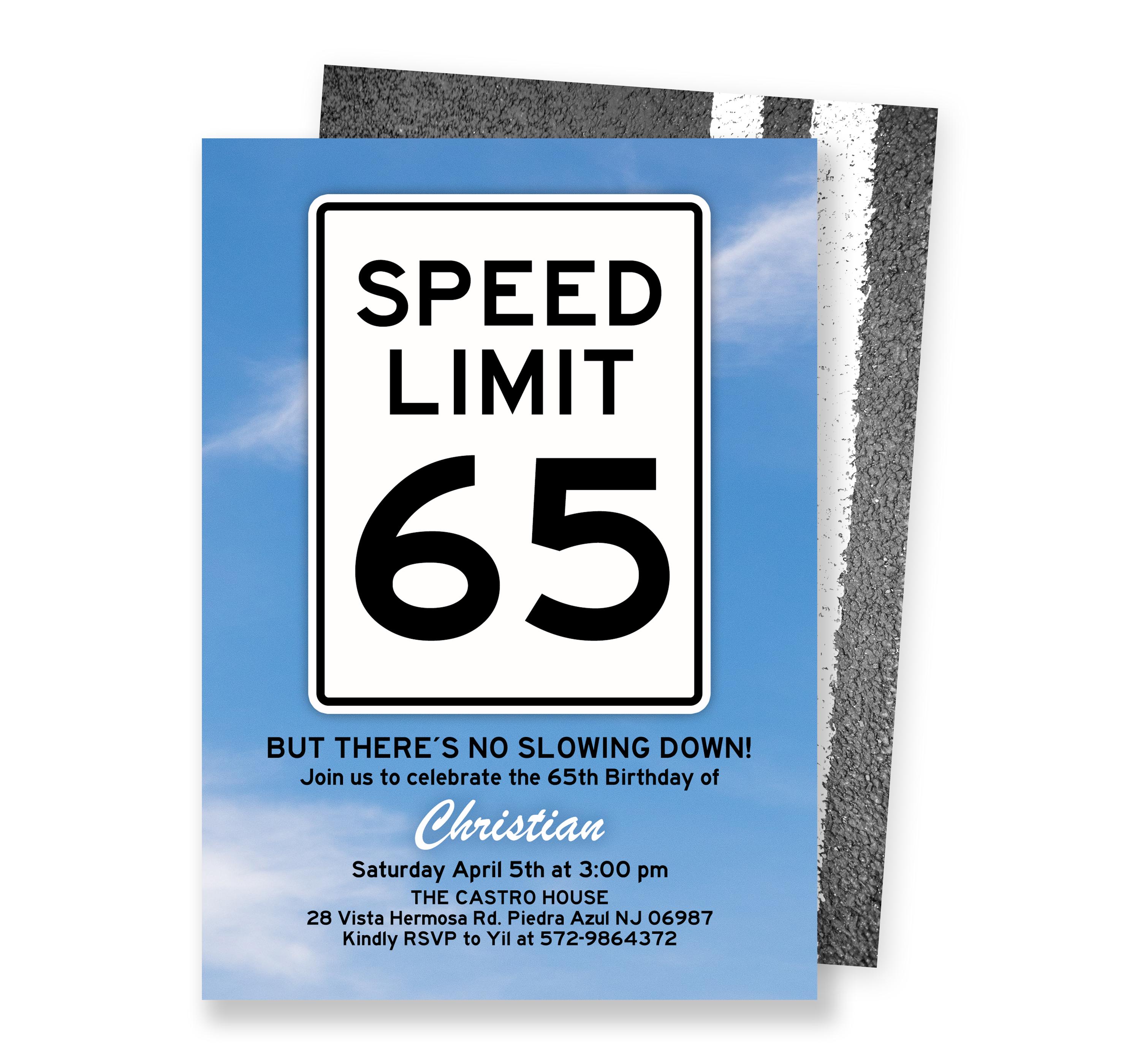 65th Birthday Invitation, Speed Limit 65, Adult Party Personalized
