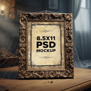 May include: Ornate gold-colored picture frame with the text "8.5X11 PSD MOCKUP" on a cream-colored background. The frame has detailed scrollwork and is displayed on a wooden surface.