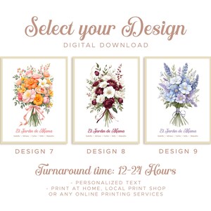 May include: Three framed floral art prints with bouquets in Design 7, 8, and 9. Design 7 features orange, yellow, and pink flowers. Design 8 has burgundy and white flowers. Design 9 showcases blue and purple flowers. The text reads "El Jardin de Mama".