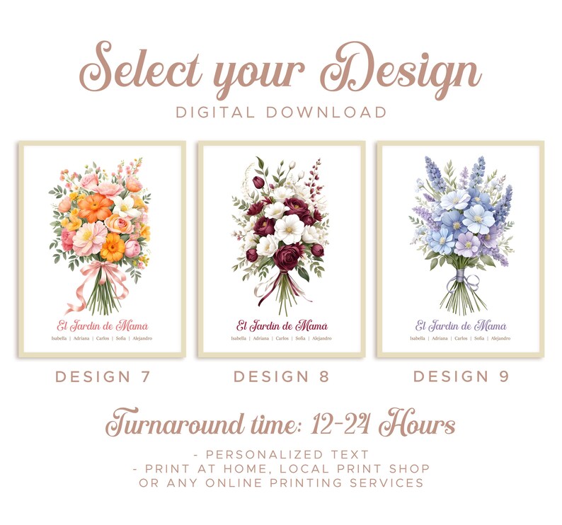 May include: Three framed floral art prints with bouquets in Design 7, 8, and 9. Design 7 features orange, yellow, and pink flowers. Design 8 has burgundy and white flowers. Design 9 showcases blue and purple flowers. The text reads "El Jardin de Mama".