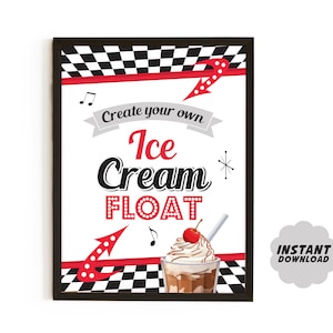 Puede incluir: Un letrero enmarcado de estilo retro con el texto "Create your own Ice Cream Float". El letrero presenta detalles en rojo y negro, un borde a cuadros y una ilustración de un helado flotante con una cereza. También se ven las palabras "Instant Download".