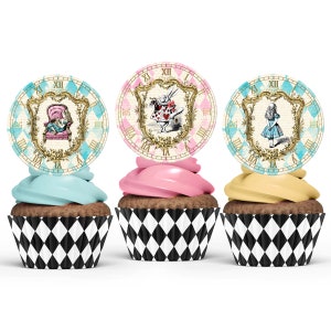 May include: Three cupcakes decorated with Alice in Wonderland themed cupcake toppers. The cupcakes are frosted in blue, pink, and yellow. The toppers feature images of Alice, the Mad Hatter, and the White Rabbit. The cupcake liners are black and white checkered.