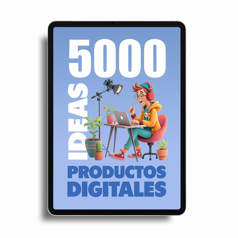 May include: A digital tablet screen displaying a blue background with white text that reads "5000 IDEAS PRODUCTOS DIGITALES". A cartoon illustration of a person wearing headphones and a yellow jacket is sitting at a desk with a laptop and a microphone.