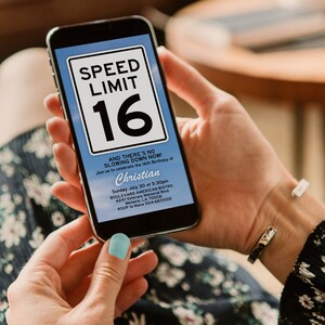 Speed Limit 16 Digital Invitation, Sixteen Birthday Party Evite, Adult ...