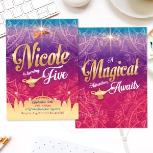 May include: A purple and blue invitation with a gold border and a gold lamp design. The text reads "Nicole is turning Five" and "A Magical Adventure Awaits".