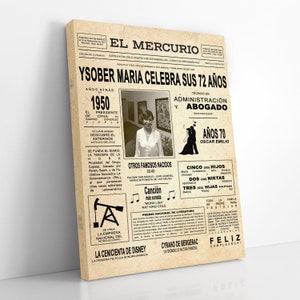 K&ouml;nnte beinhalten: Eine Geburtstagskarte im Vintage-Zeitungs-Stil mit einem Schwarzwei&szlig;foto einer Frau und dem Text "Ysober Maria feiert ihren 72. Geburtstag". Die Karte hat ein Zeitungsdesign mit Schlagzeilen, Artikeln und einem Foto der Geburtstagsperson. Diese Karte ist eine einzigartige und personalisierte Art, einen besonderen Geburtstag zu feiern.