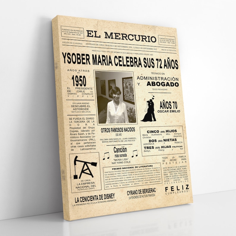 K&ouml;nnte beinhalten: Eine Geburtstagskarte im Vintage-Zeitungs-Stil mit einem Schwarzwei&szlig;foto einer Frau und dem Text "Ysober Maria feiert ihren 72. Geburtstag". Die Karte hat ein Zeitungsdesign mit Schlagzeilen, Artikeln und einem Foto der Geburtstagsperson. Diese Karte ist eine einzigartige und personalisierte Art, einen besonderen Geburtstag zu feiern.