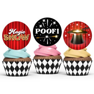 Magic Party Cupcake Toppers, 6 bedruckbare runde Etiketten, sofortiger Download, Magic Show Dekorationen, Zauberer Geburtstagsparty-Gastgeschenke