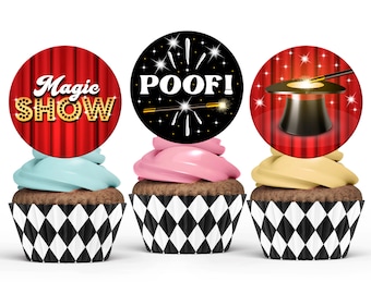 Magic Party Cupcake Toppers, 6 Printable Round Labels, Instant Download, Magic Show Decorations, Magician Birthday Party Favors