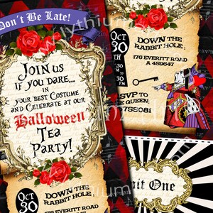 Peut inclure: Une invitation &agrave; une f&ecirc;te d'Halloween au design vintage. L'invitation pr&eacute;sente une rose rouge, une cl&eacute; et le texte "Ne soyez pas en retard !" "Rejoignez-nous si vous osez..." "Dans votre meilleur costume et c&eacute;l&eacute;brez &agrave; notre f&ecirc;te du th&eacute; d'Halloween !" "Oct 30 Down The Rabbit Hole: 176 Everitt Road A 459647" et "SVP &agrave; la reine : 9755081".