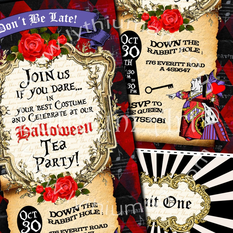 Peut inclure: Une invitation &agrave; une f&ecirc;te d'Halloween au design vintage. L'invitation pr&eacute;sente une rose rouge, une cl&eacute; et le texte "Ne soyez pas en retard !" "Rejoignez-nous si vous osez..." "Dans votre meilleur costume et c&eacute;l&eacute;brez &agrave; notre f&ecirc;te du th&eacute; d'Halloween !" "Oct 30 Down The Rabbit Hole: 176 Everitt Road A 459647" et "SVP &agrave; la reine : 9755081".