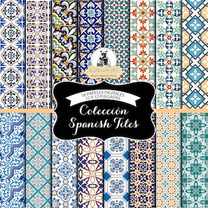 May include: A digital paper pack featuring 16 Spanish tile patterns in blue, yellow, green, red, and white. The patterns are 12x12 inches and are perfect for scrapbooking, card making, and other craft projects.