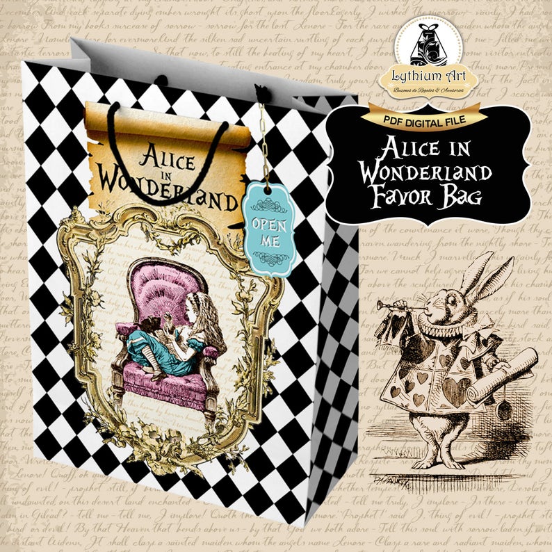 ALICE IN WONDERLAND Printable Bag, Wonderland Party Favors, Alice in Wonderland Party Decorations, Black White Checkered Party Bag image 2