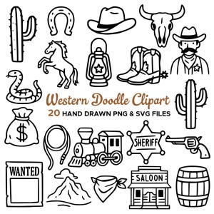 Western Doodle Clipart Bundle PNG SVG 20 Rustic Cowboy Elements, Wild West Digital Graphics, Country Western Hand Drawn Illustration Set