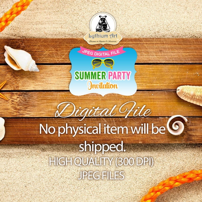Puede incluir: Un archivo digital para una invitaci&oacute;n a una fiesta de verano. La invitaci&oacute;n presenta un fondo rosa y verde con el texto "Summer Party Invitation" y gafas de sol. El texto "JPEG DIGITAL FILE" tambi&eacute;n est&aacute; incluido. El fondo es una superficie de madera con conchas y una estrella de mar.