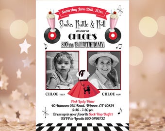 May include: A birthday invitation card featuring a 1950s theme with milkshakes, vinyl records, and musical notes. It includes two black and white photos labeled Chloe Then and Chloe Now, a poodle skirt illustration, and text details for the event.