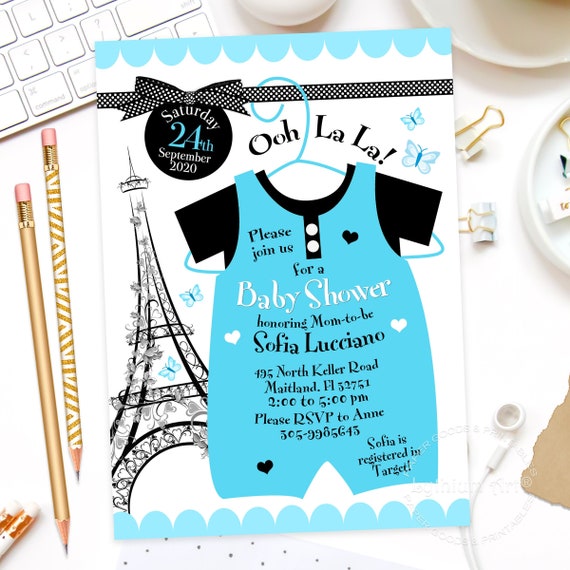 Paris Baby Shower Invitation, Eiffel Tower Invitation, Paris Shower Invitation, Printable Invitation, Boy Baby Shower, Baby Shower Invite Il_570xn