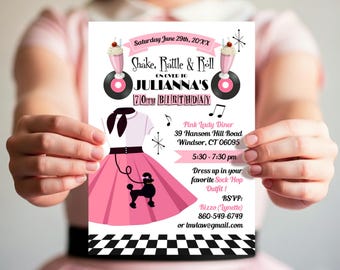 May include: A pink and white invitation for a 70th birthday party. The invitation features a retro design with a poodle skirt, milkshake, and record player graphics. Text includes the party details and RSVP information.