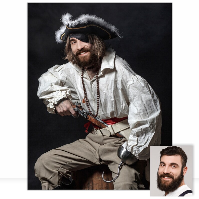 K&ouml;nnte beinhalten: Eine Person in einem Piratenkost&uuml;m, mit einem schwarzen Hut mit wei&szlig;en Federn, einer Augenklappe und einem wei&szlig;en Hemd. Sie halten eine Waffe und einen Haken. Der Pirat sitzt auf einer Holzkiste, mit einem roten Sch&auml;rpe um die Taille.