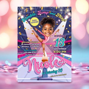 Gymnastics Party Invitation Personalized with your Kids Photo, Printable Cartoon Style Illustrated Invite
