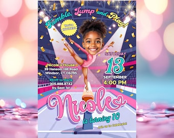 Gymnastics Party Invitation Personalized with your Kids Photo, Printable Cartoon Style Illustrated Invite