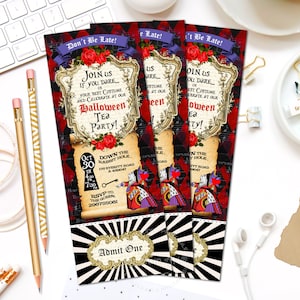 ALICE IN WONDERLAND Invitation, Halloween Ticket Invitation, Queen of Hearts Invitation, Scary Invite, Halloween Birthday Bash