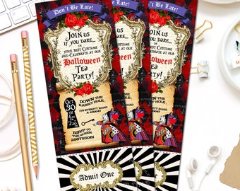 ALICE IN WONDERLAND Invitation, Halloween Ticket Invitation, Queen of Hearts Invitation, Scary Invite, Halloween Birthday Bash