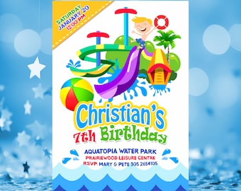 May include: A birthday invitation card featuring a cartoon water park scene with a purple slide, green hills, a palm tree, and a beach ball. Text reads: Saturday January 20 12:00 PM, Christian's 7th Birthday, Aquatopia Water Park, Prairiewood Leisure Centre, RSVP: Mary & Pete 305 2654105.