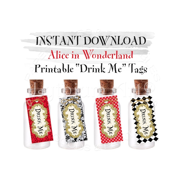 Drink Me Mini Tags, INSTANT DOWNLOAD, Alice in Wonderland Tags, Red and Black Tags, Digital Files