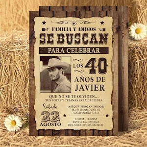 Adult Western Invitation Spanish Version, Digital Cowboy Party Invitation Wanted Poster Invite, Western Birthday Party Invitation with Photo