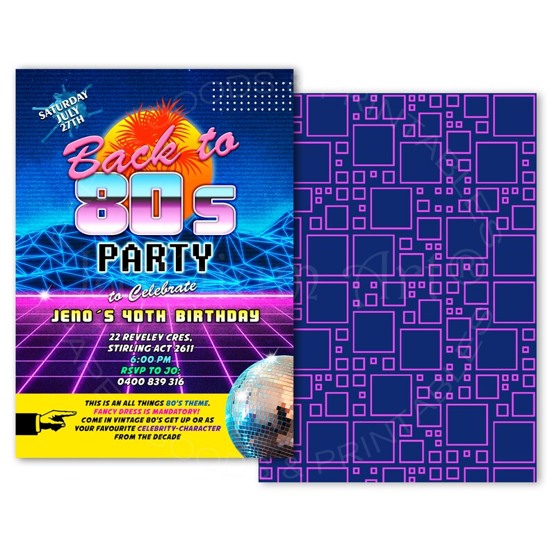 May include: A retro-themed party invitation with a neon pink and blue 80s design. The invitation says "Back to 80s Party to Celebrate Jeno's 40th Birthday". It includes the date, time, address, and RSVP information.