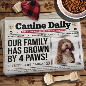 Puppy Announcement for Social Media, Digital Dog Announcement, Our Family Has Grown by Four Paws, Funny New Dog Newspaper Announcement