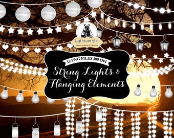 String Lights Clipart, Hanging Lights and Elements + 02 Digital Papers, Wedding String Lights, Patio Lights, Lights Clipart, Garden Lights