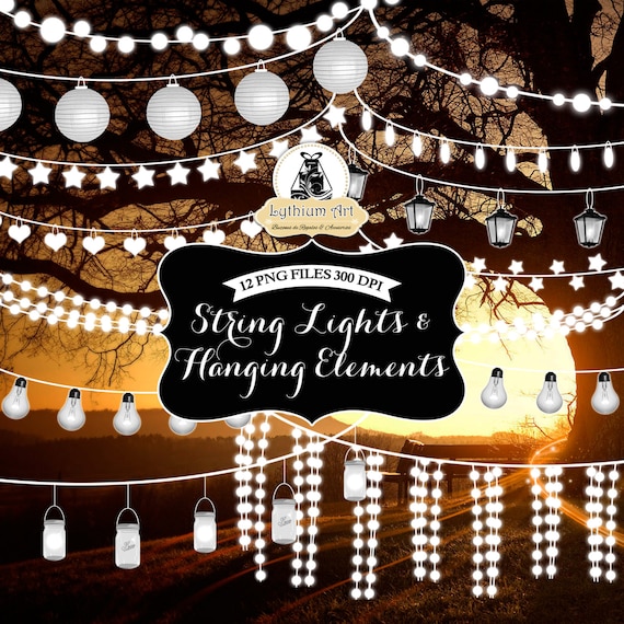 String Lights Clipart, Hanging Lights and Elements + 02 Digital Papers, Wedding String Lights, Patio Lights, Lights Clipart, Garden Lights Il_570xn