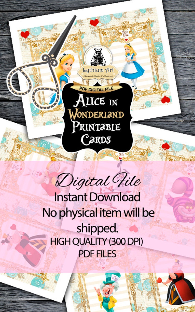 May include: Printable cards featuring characters from Alice in Wonderland. The cards have a vintage aesthetic with gold frames and floral patterns. The characters include Alice, the Mad Hatter, the Queen of Hearts, and the Cheshire Cat.