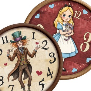May include: Two round wooden clocks featuring illustrations from Alice in Wonderland. One clock shows the Mad Hatter holding a teacup, the other shows Alice holding a cat. Both clocks have numbers and heart-shaped accents.