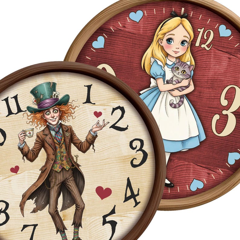 May include: Two round wooden clocks featuring illustrations from Alice in Wonderland. One clock shows the Mad Hatter holding a teacup, the other shows Alice holding a cat. Both clocks have numbers and heart-shaped accents.