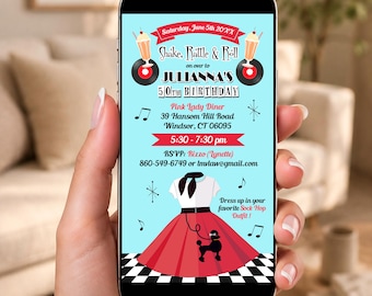 May include: A digital invitation on a smartphone screen featuring a light blue background, a red poodle skirt, a white blouse, vinyl records, milkshakes, and text announcing Julianna's 50th birthday party at the Pink Lady Diner on June 5th.